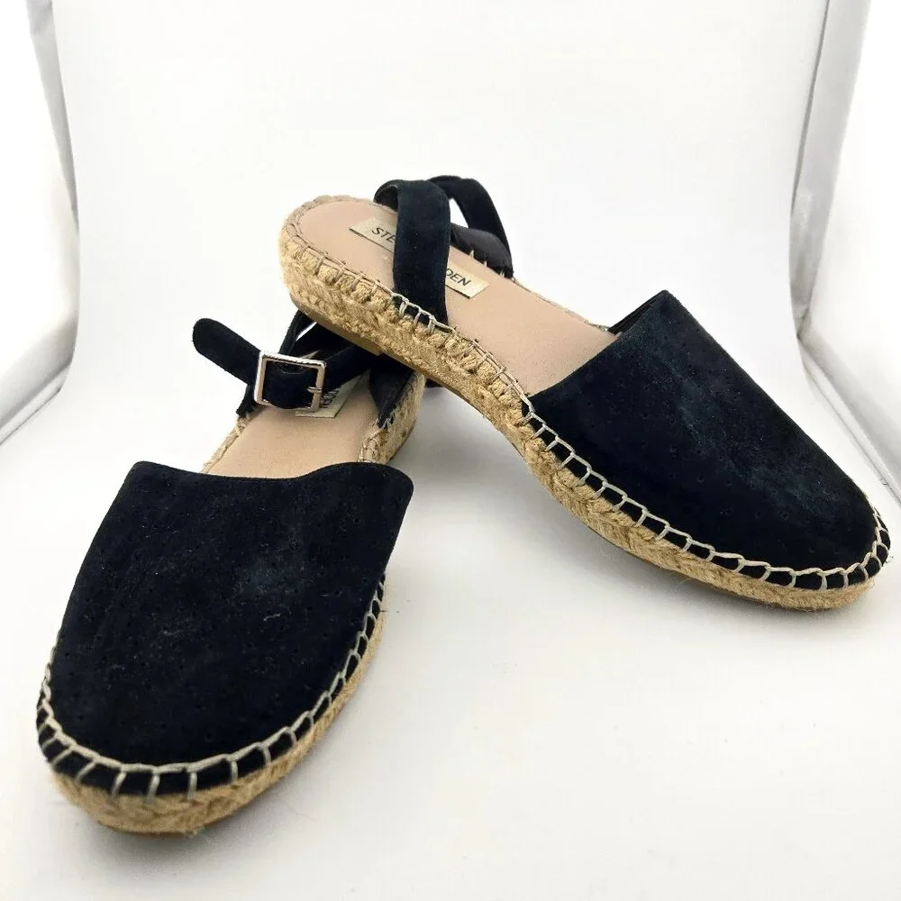 Steve Madden Lesko Espadrille Flats Women’s 7 Black Suede Slingback Shoes